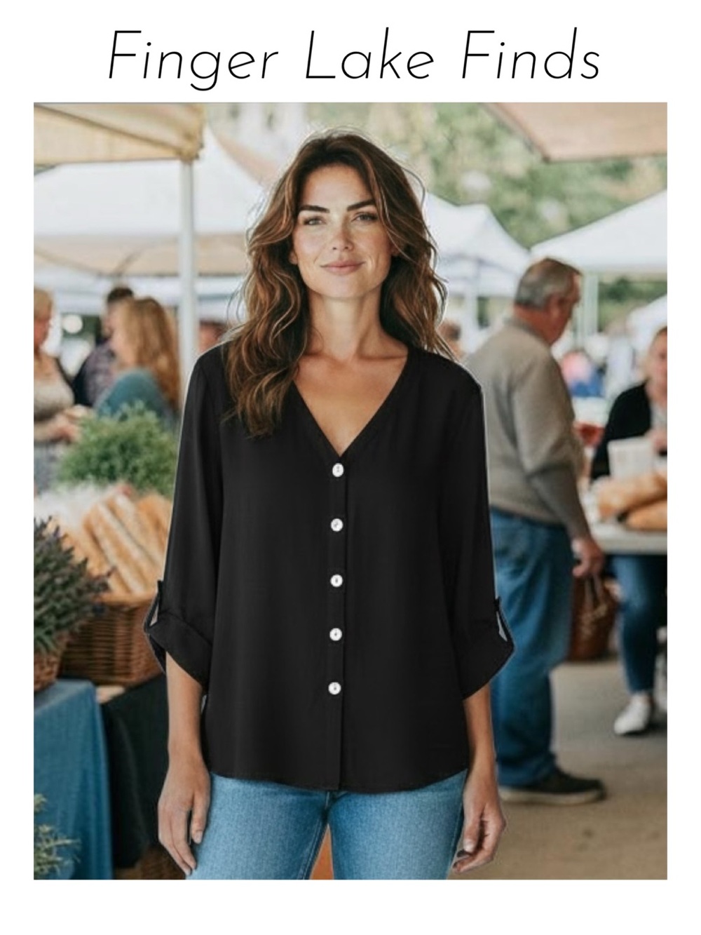 Button-Front V-Neck Black Flowy Tunic, XL